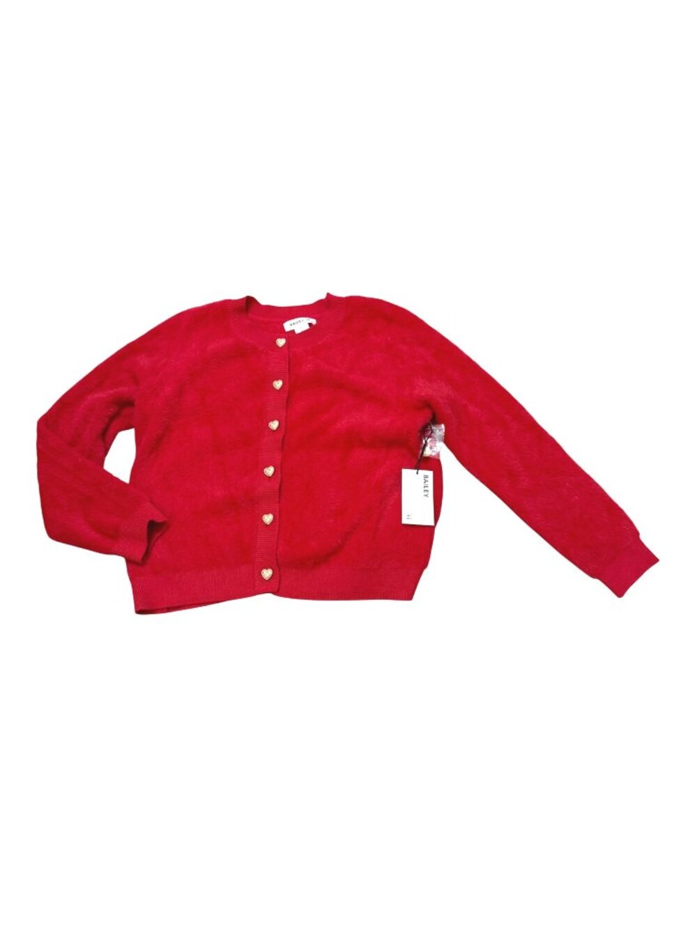 Bailey 44 Women's Fuzzy Cardigan L Valentines Day Outfit Heart Buttons Red NEW